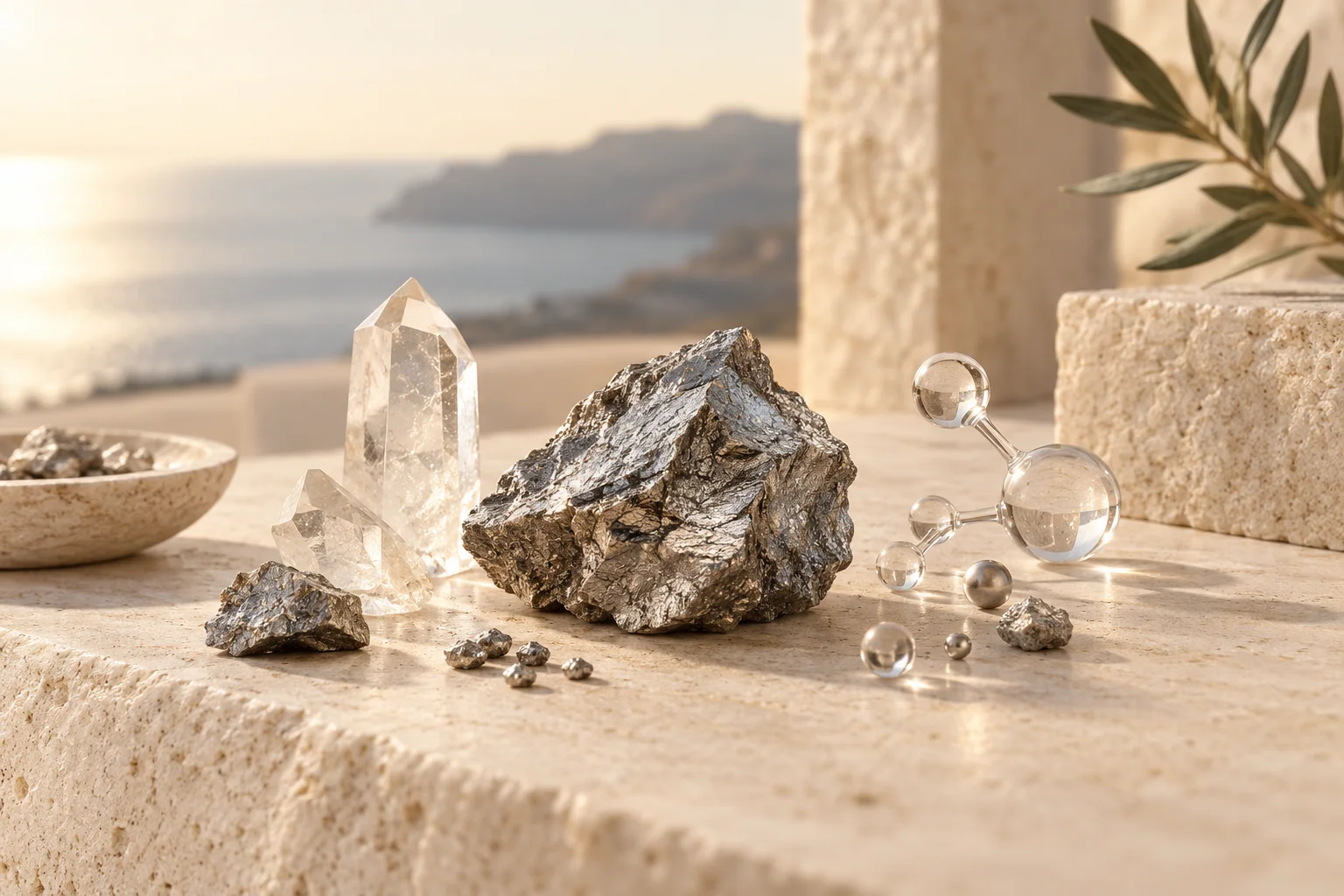 Composición editorial de minerales plateados y estructuras cristalinas que representan el selenio como oligoelemento
