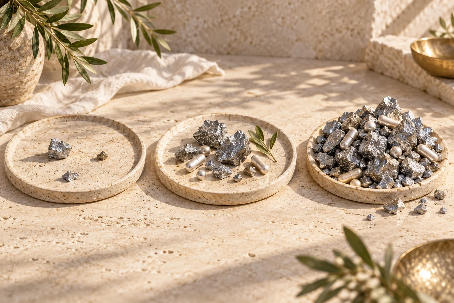 Tres composiciones minerales que representan poca cantidad, equilibrio y exceso de selenio